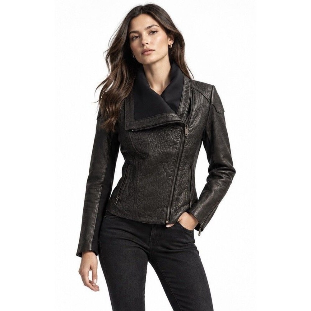 Barneys New York Black Genuine Leather Asymmetrical Moto Jacket Size S